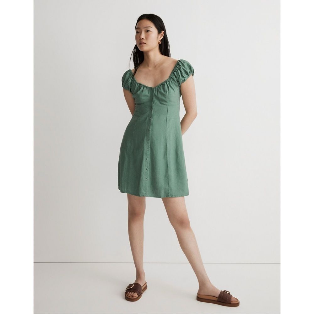 NWT Madewell Linen Margie Cap Sleeve Button Down Mini Dress in Green